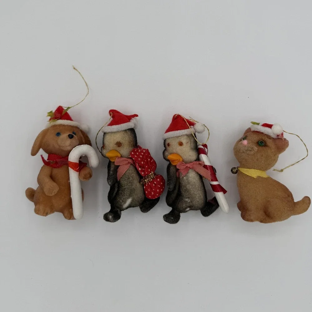 Vintage Flocked Christmas Ornament Set 4 Dog‎ Penguin Cat Holiday Decor